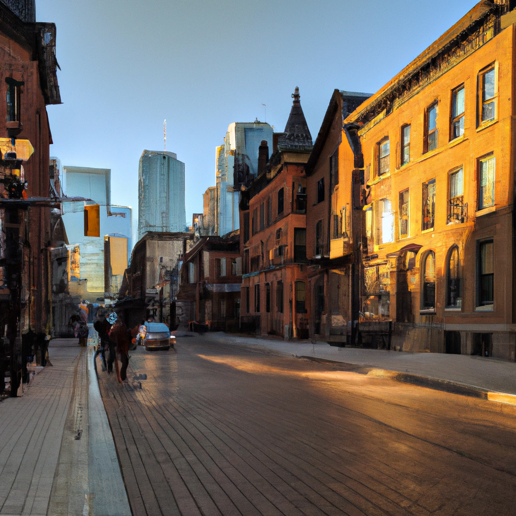 Old Town Toronto with cobblestone street, Victorian buildings, and pedestrians at golden hour